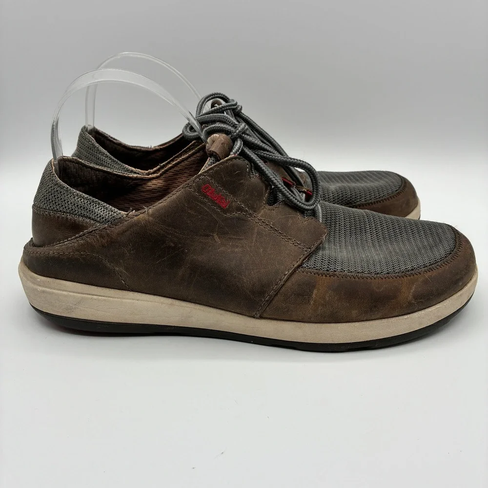 OluKai Makia Leather Boat Shoes Mens 9 EU 42 Brown Gray Lace Up Sneakers